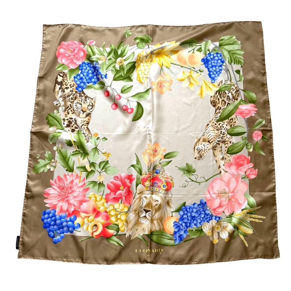 Vintage Leonard Paris Women's Wrap Scarf Silk Brown Leopard Lion Fruits Square